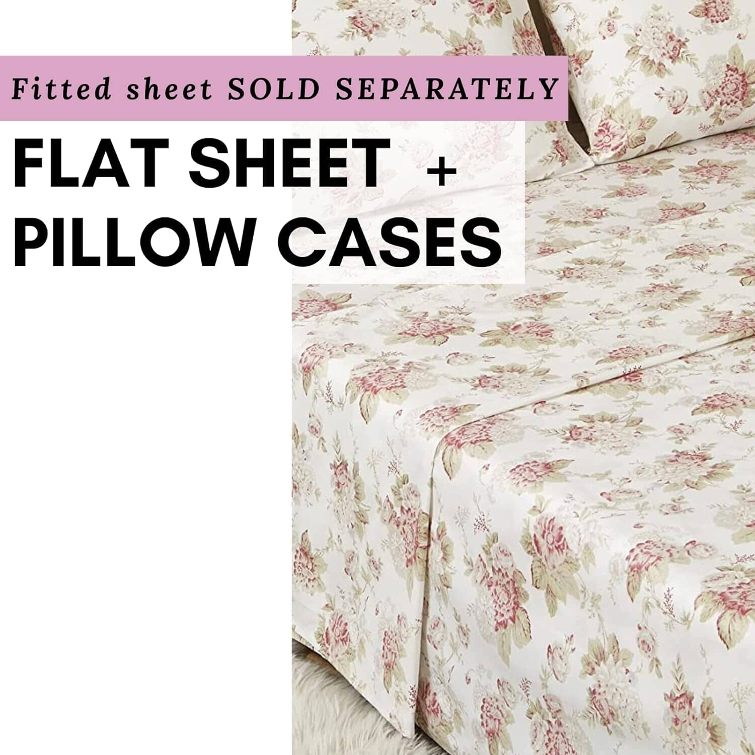 Hint Mint Cottage Floral Roses Cotton Flat Sheet Pillowcase