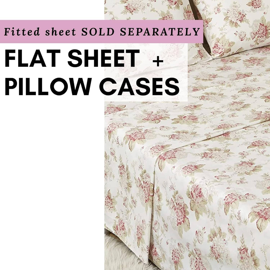 Hint Mint Cottage Floral Roses Cotton Flat Sheet Pillowcase