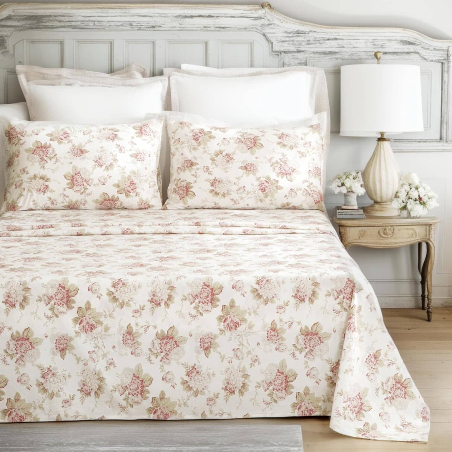 Hint Mint Cottage Floral Roses Cotton Flat Sheet Pillowcase