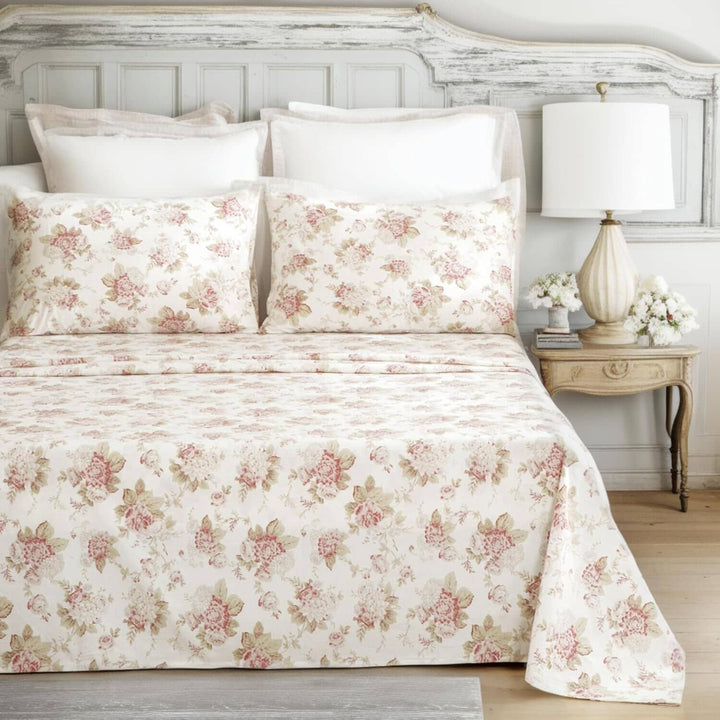 Hint Mint Cottage Floral Roses Cotton Flat Sheet Pillowcase