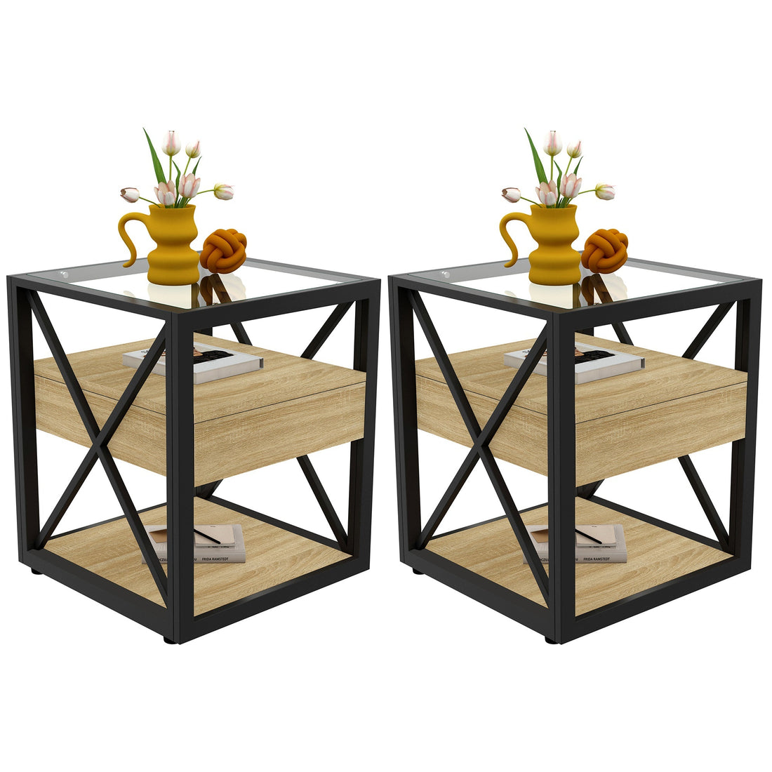 Set of 2 Modern End Tables with Drawer