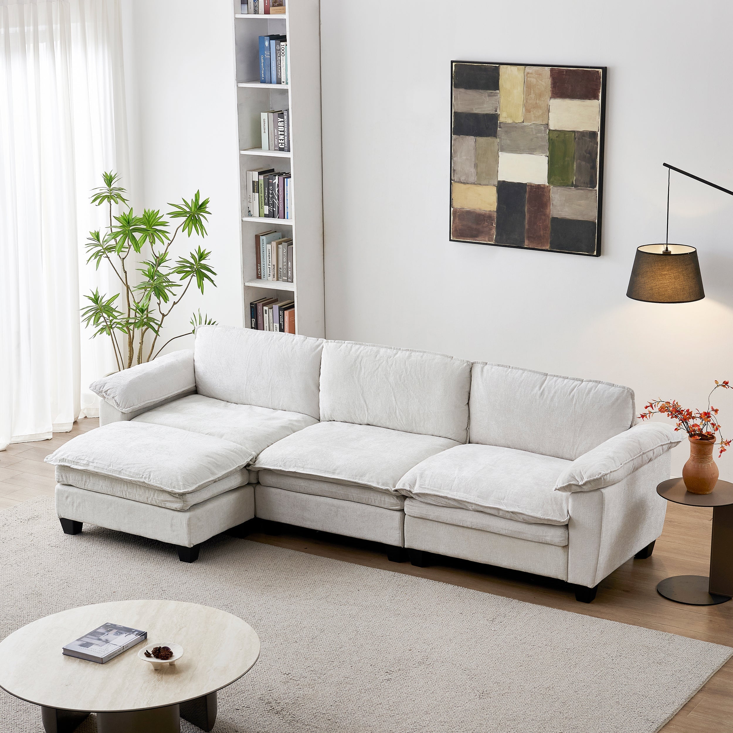 Luxury Chenille L Shape Sofa Beige with Ottoman Living Room