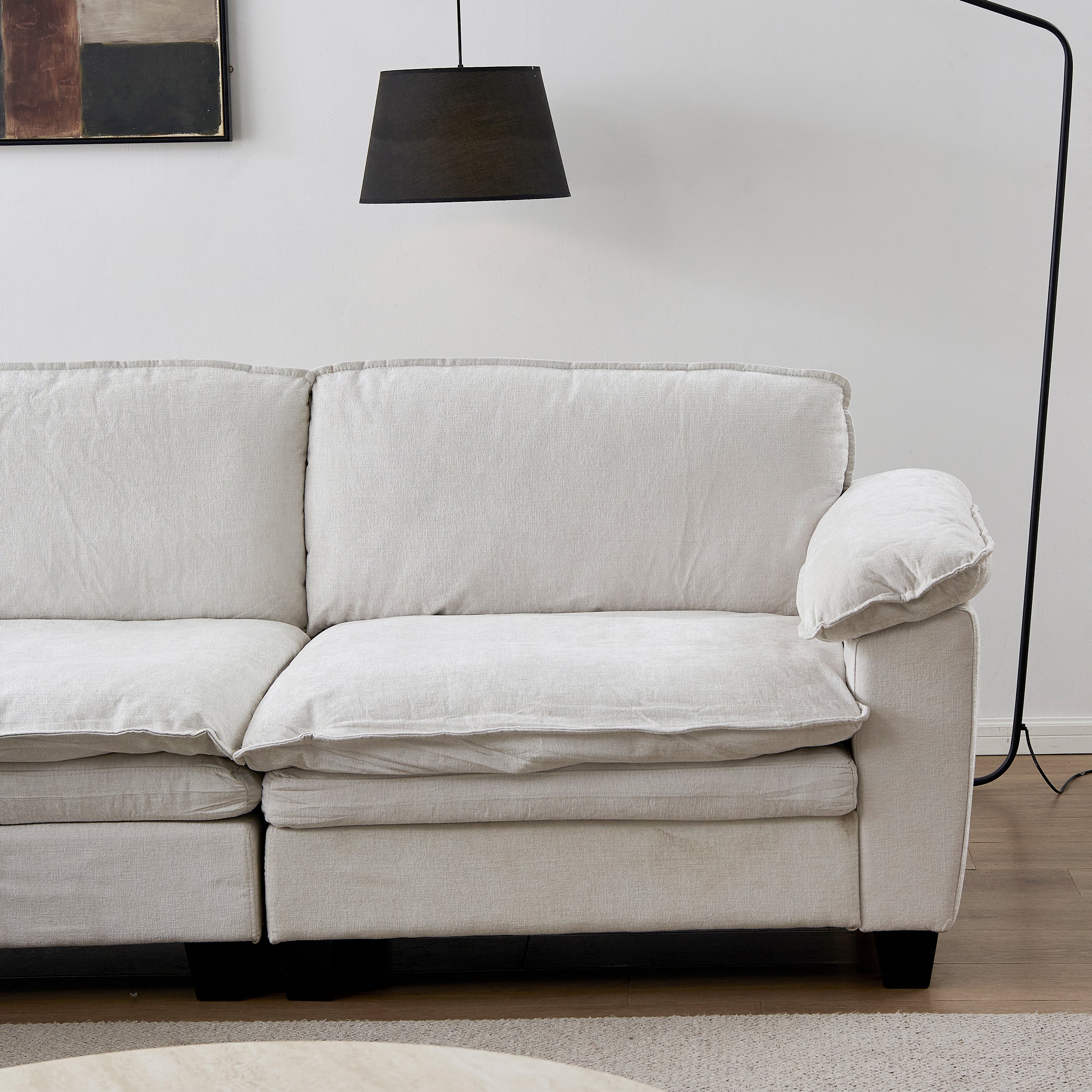 Luxury Chenille L Shape Sofa Beige with Ottoman Living Room