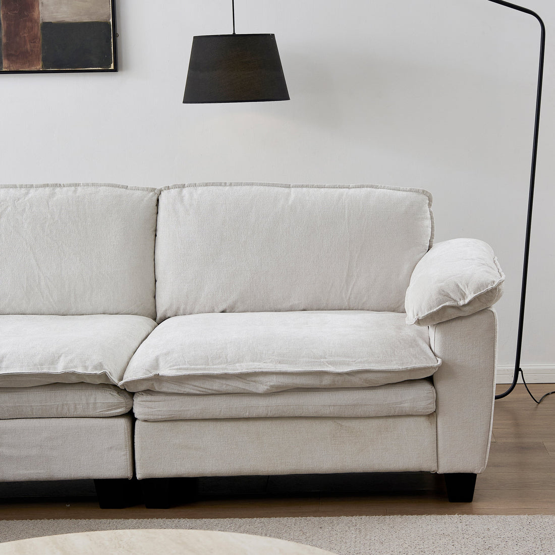 Luxury Chenille L Shape Sofa Beige with Ottoman Living Room