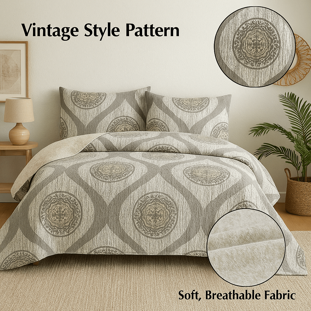 Rustic Grey Mosaic Medallion Quilted Reversible Bedspread Set Bedding