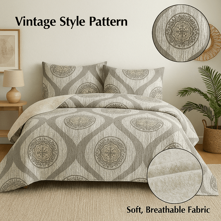Rustic Grey Mosaic Medallion Quilted Reversible Bedspread Set Bedding